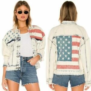 Blank NYC American Flag Oversized Denim Jacket Acid Wash Size Small